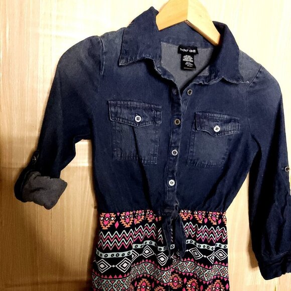 Paper Doll Girl's Mixed Material Denim Silky Southwestern Dress 7 - Picture 3 of 6